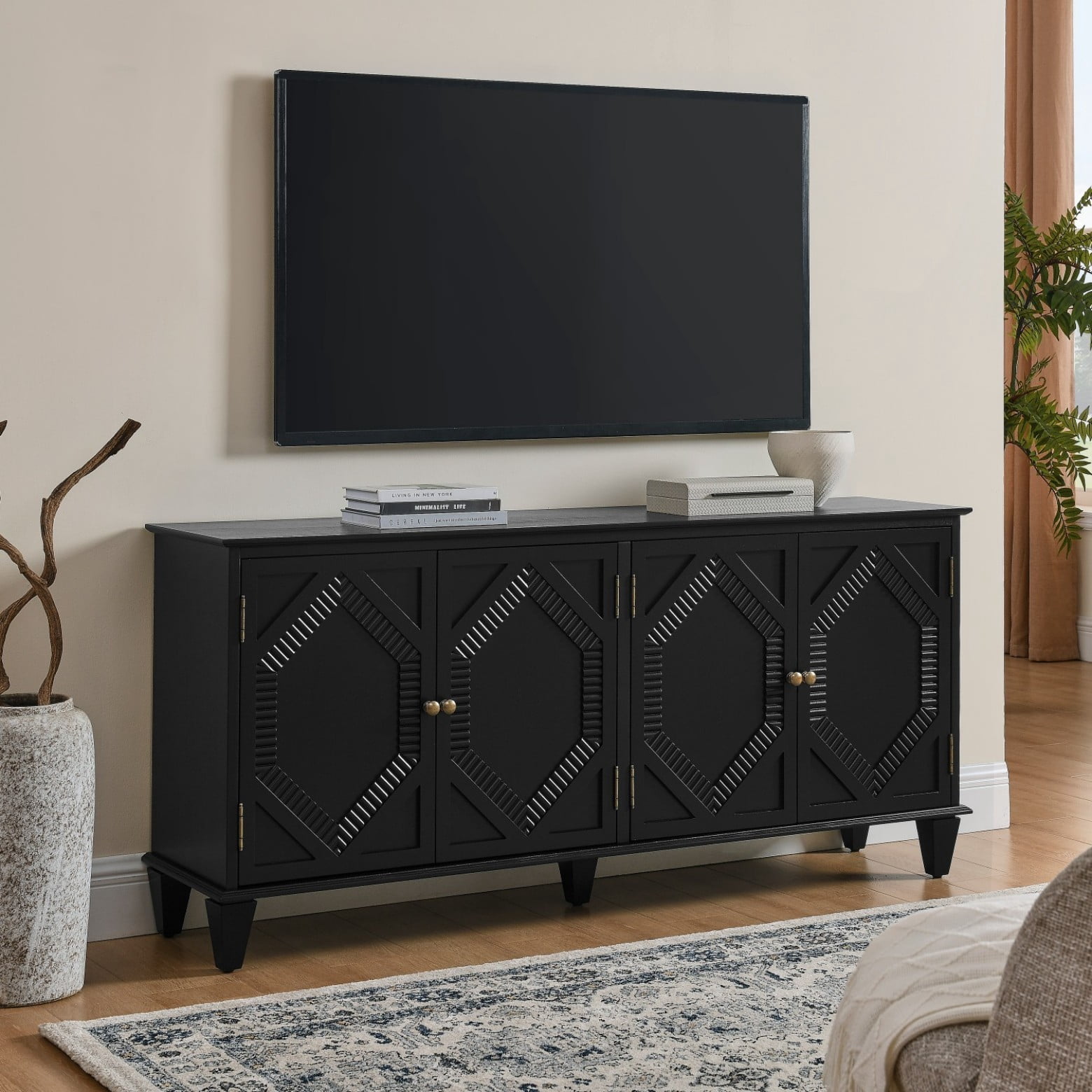 Mid Century Modern 65.2" Sideboard Buffet Cabinet with Storage, Geometric Accent Console Table, Wine Bar Cabinet for Living Room, Entryway, Kitchen, Black