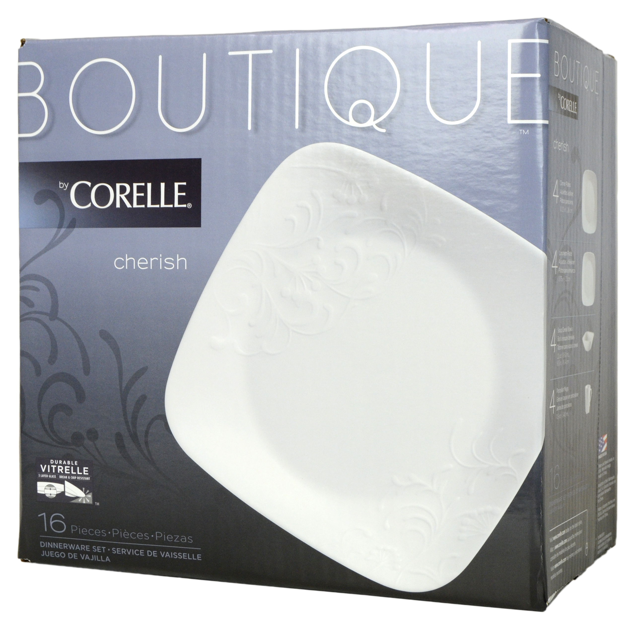 Corelle Boutique Cherish 16-Piece Embossed White Square Dinnerware Set for Special Occasions and Everyday Use - Walmart.com