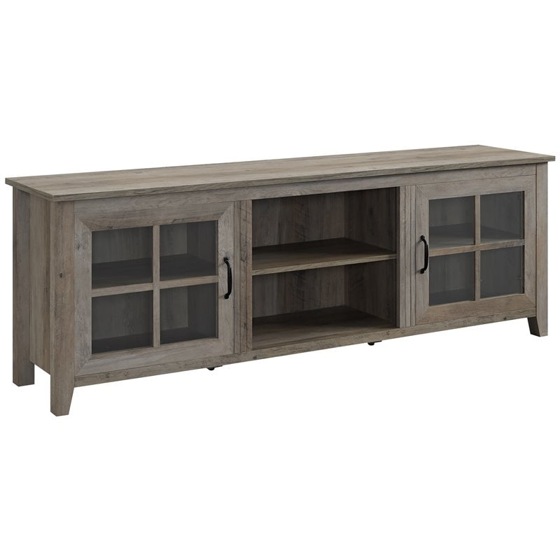 70" Farmhouse Wood TV Stand with Glass Doors Grey Wash