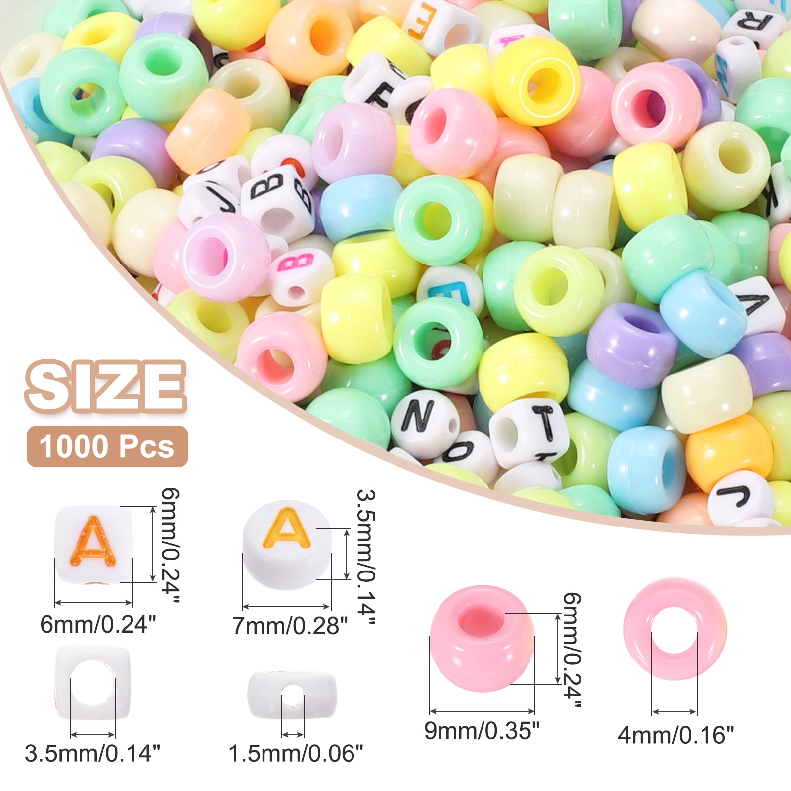 Uxcell 1000 Pcs Pony Beads 6 x 9 mm Acrylic Friendship Bracelet Making Kit with Letter Bead, Light Multicolor