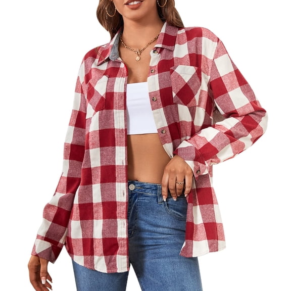 Yokua (One) Women's Flannel Shirt Long Sleeve Button-Up Plaid Shirt Casual Top