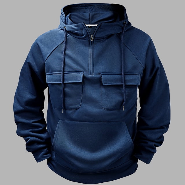 Sudadera con capucha para hombre, de manga larga, lisa, con múltiples bolsillos, de forro polar y cremallera, de poliéster.
