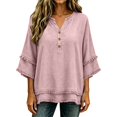 thumbnail image 3 of Linen Tops for Women V Neck Short Sleeve Blouses Loose Beach Clothes Western Frayed 2026 Gauze Shirts Fringe Tops Country Concert Bohemian Tops Tassel Cotton Linen Shirts,Pink,M, 3 of 5