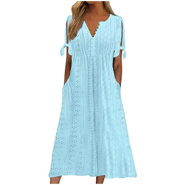 TQWQT Plus Size Dresses for Curvy Women Petite Short Sleeve Eyelet Tshirt  Dresses Summer Modest Maxi Long Dresses Beach Vacation Work Sundress Resort  Wear Blue S - Walmart Business Supplies