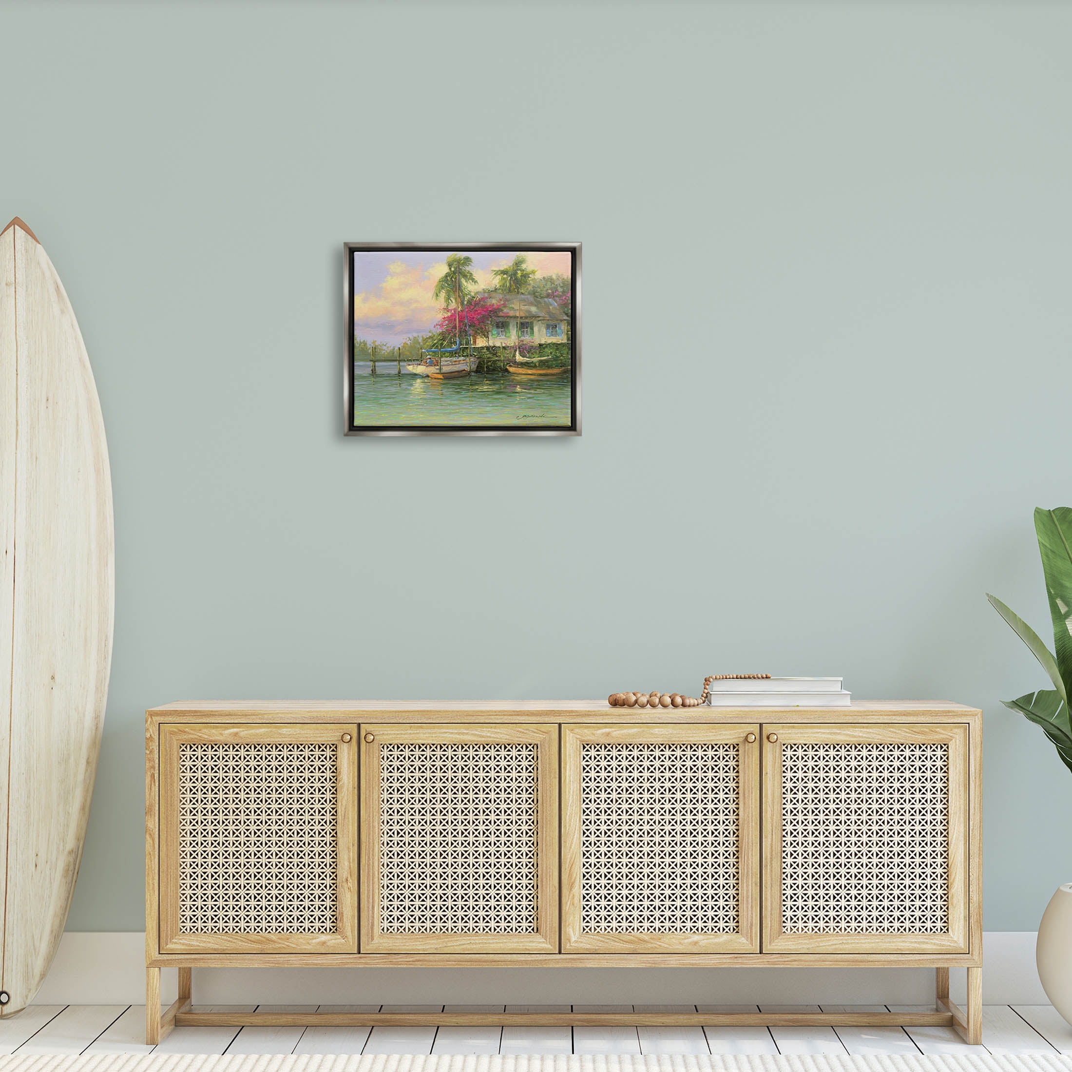 Tropical Vacation Seaside House Landscape Painting Luster Gray Framed Art Print Wall Art