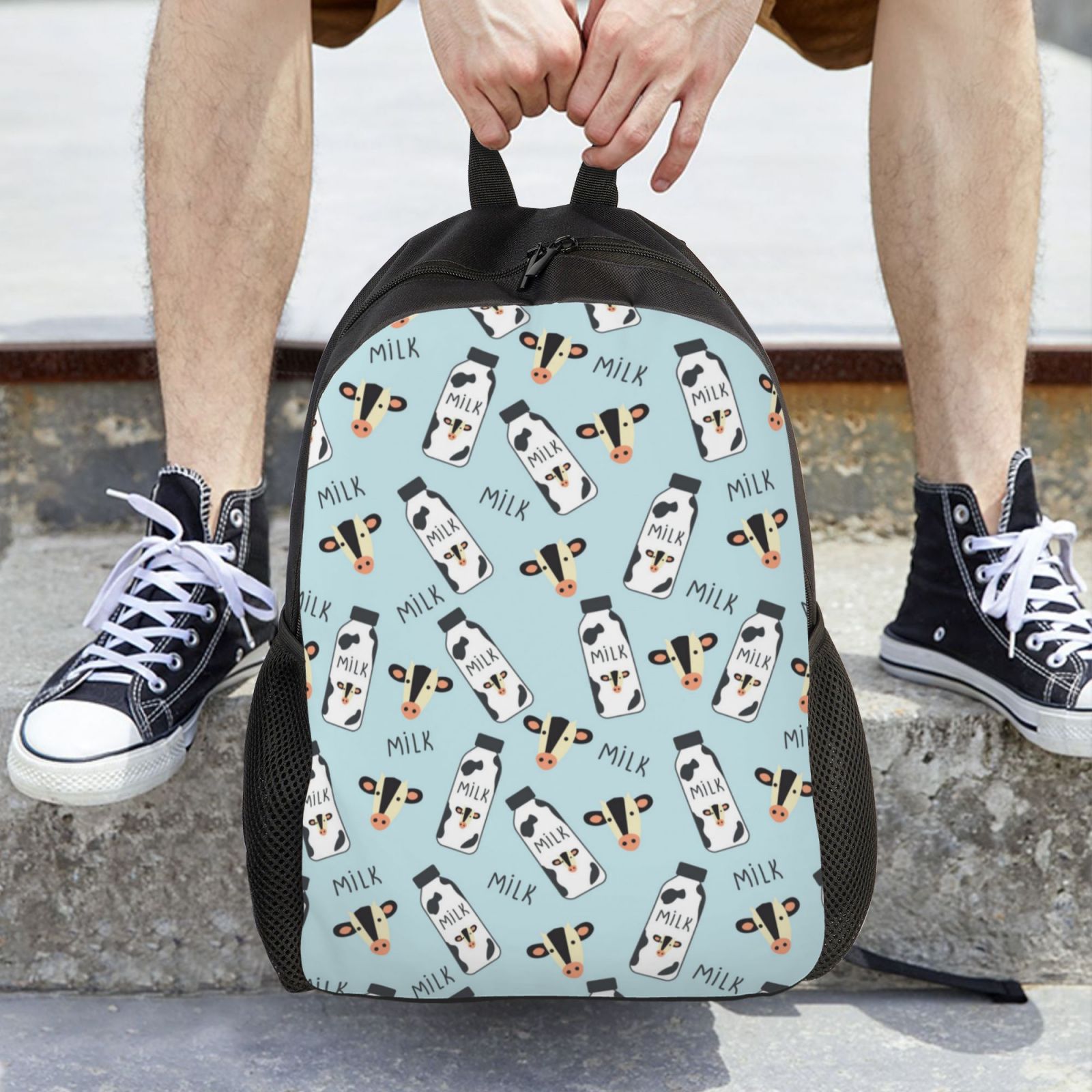 Xecao Milk Bottles And Cow Head Print School Backpack with Laptop Compartment Small Travel Laptop Backpack for Women Men Waterproof College Backpack Simple School Bag