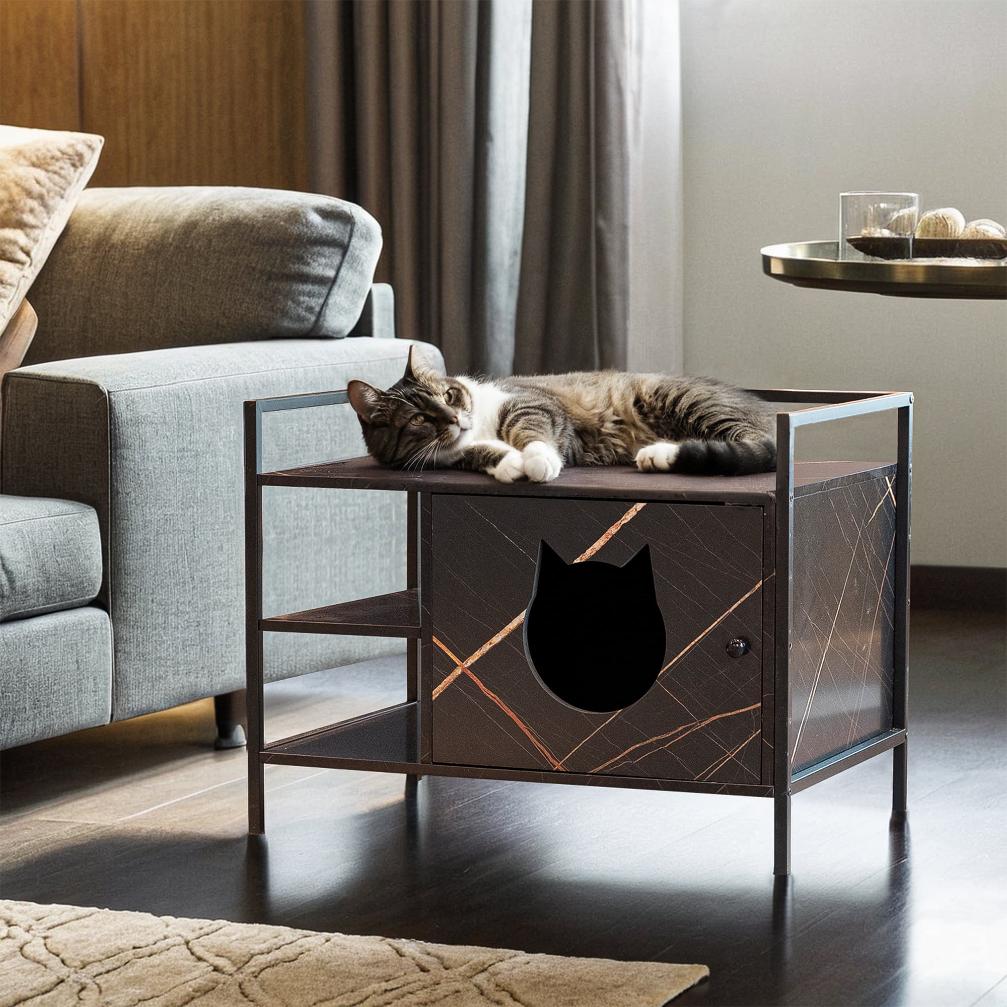 Kadyn 30" Hidden Cat Litter Box Enclosed Furniture, Indoor Wood Cat House with Iron Sturdy Structure, Black