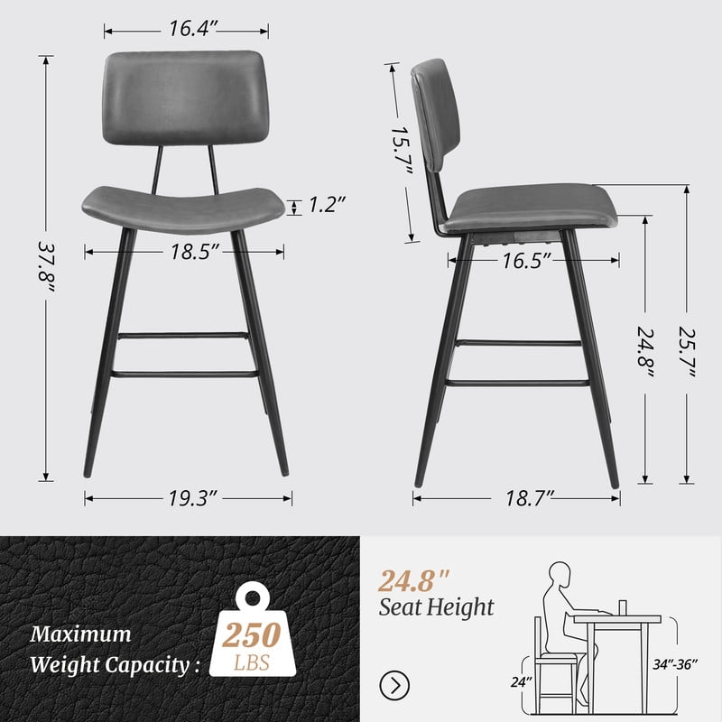 Dycanpo 24.5" Counter Height Bar Stools Set of 3, Faux Leather Upholstered Barstools, Gray