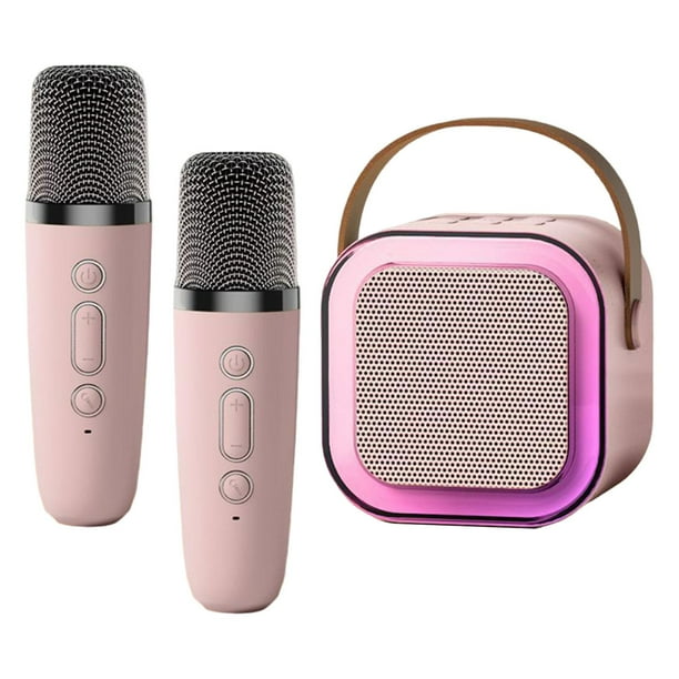 Mini altavoz de Karaoke con micrófono, micrófono de mano con altavoz con luz colorida para acampar, verano, familia, playa, cumpleaños 2 micrófono rosa