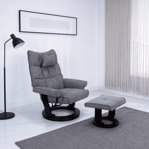 8-Point Massage Recliner with Ottoman, Heated Chenille Fabric Reclining Chair, Bent Wood Base, Indoor Lounge TV Chair with Footrest for Living Room and Bedroom, Grey