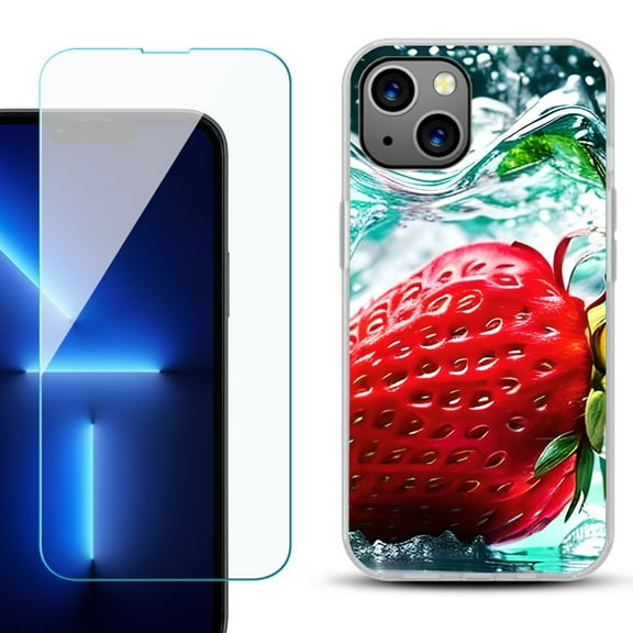 OneToughShield ® for iPhone 13 Shockproof Phone Case, with Tempered Glass Screen Protector - Strawberry