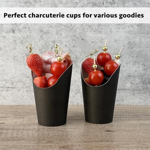 50 Charcuterie Cups + 200 Cocktail Picks + 56 Labels, 12 oz Disposable Charcuterie Cups with Sticks (2 Types), French Fry Cups Brown Paper Appetizer Cups for all Occasions（Black）