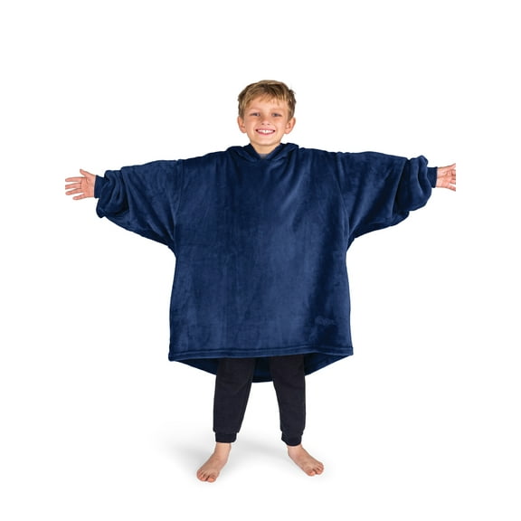 Bare Homey Kids Size Microplush Wearable Blanket - Side Pockets - Warm - Velvety Soft, Dark Blue