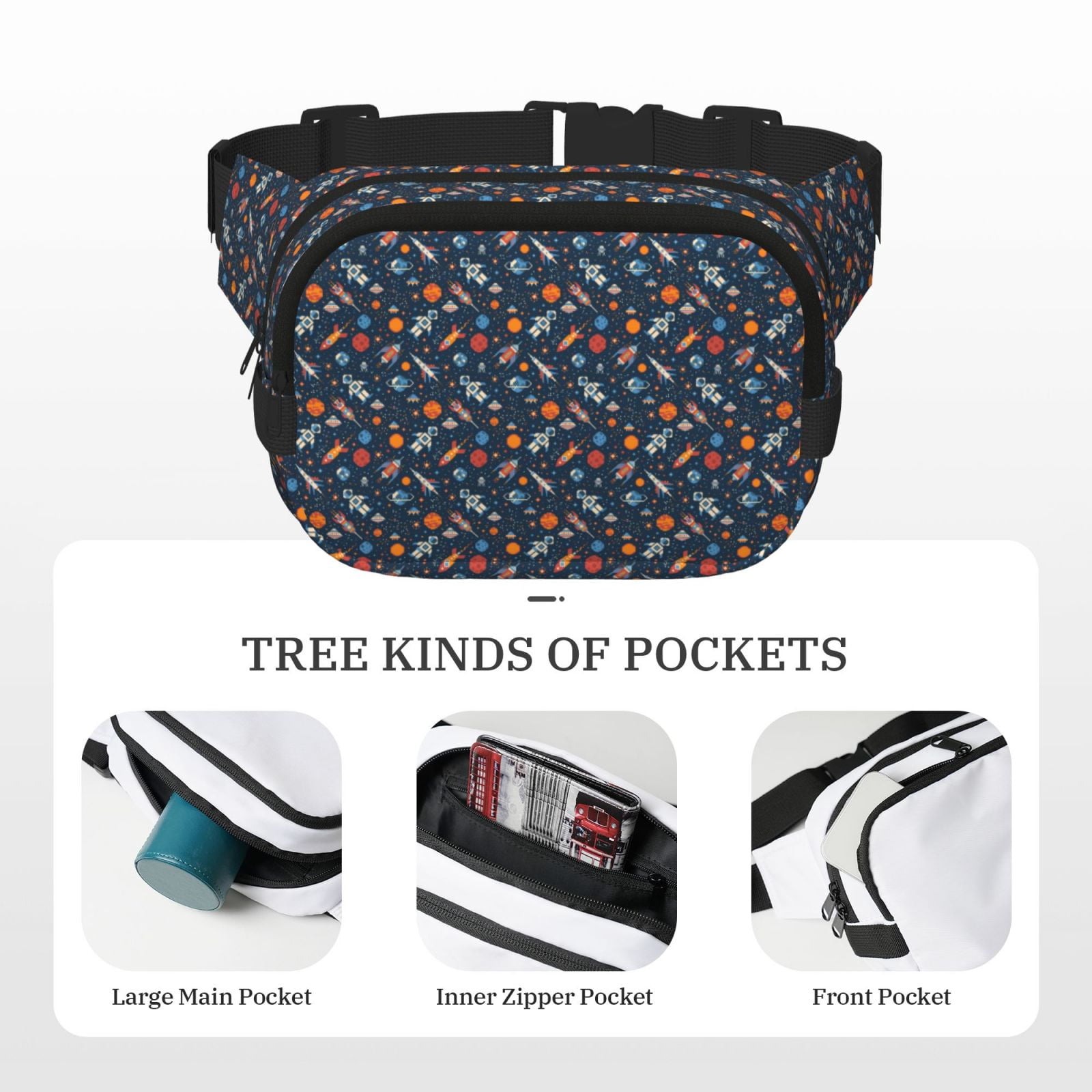 Fuzoiu Spaceships And Stars In Outer Space Print Unisex Square Double Layer Waist Bag,Crossbody Fanny Pack Travel Workout Accessory