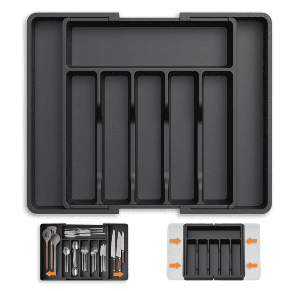 Expandable Kitchen Drawer Organizer, Adjustable Cutlery Tray with Multiple Compartments, Black Silverware Organizer for Spoons, Forks, Knives and Cooking Utensils