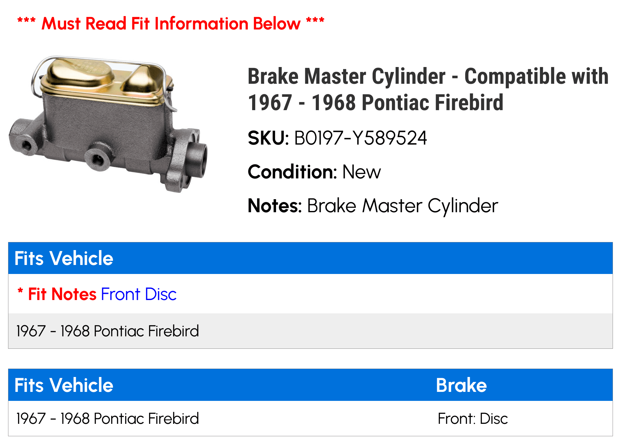 Brake Master Cylinder - Compatible with 1967 - 1968 Pontiac Firebird