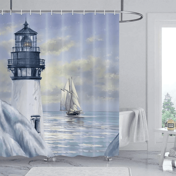 Coastal Lighthouse Shower Curtain, Bluish Violet Ocean Shower Curtain Sets for Bathroom,Waterproof Sailboat Nautical Shower Curtain Decor Accessories with Hooks 72X84 inch
