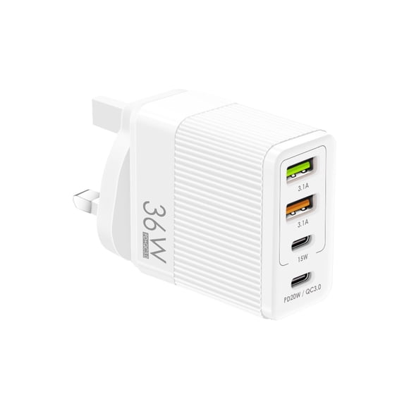 Cargador rápido de 36 W para teléfonos móviles, 5 V/4 A, adaptador europeo y británico con 2 puertos PD + 2 USB, cabezal de carga