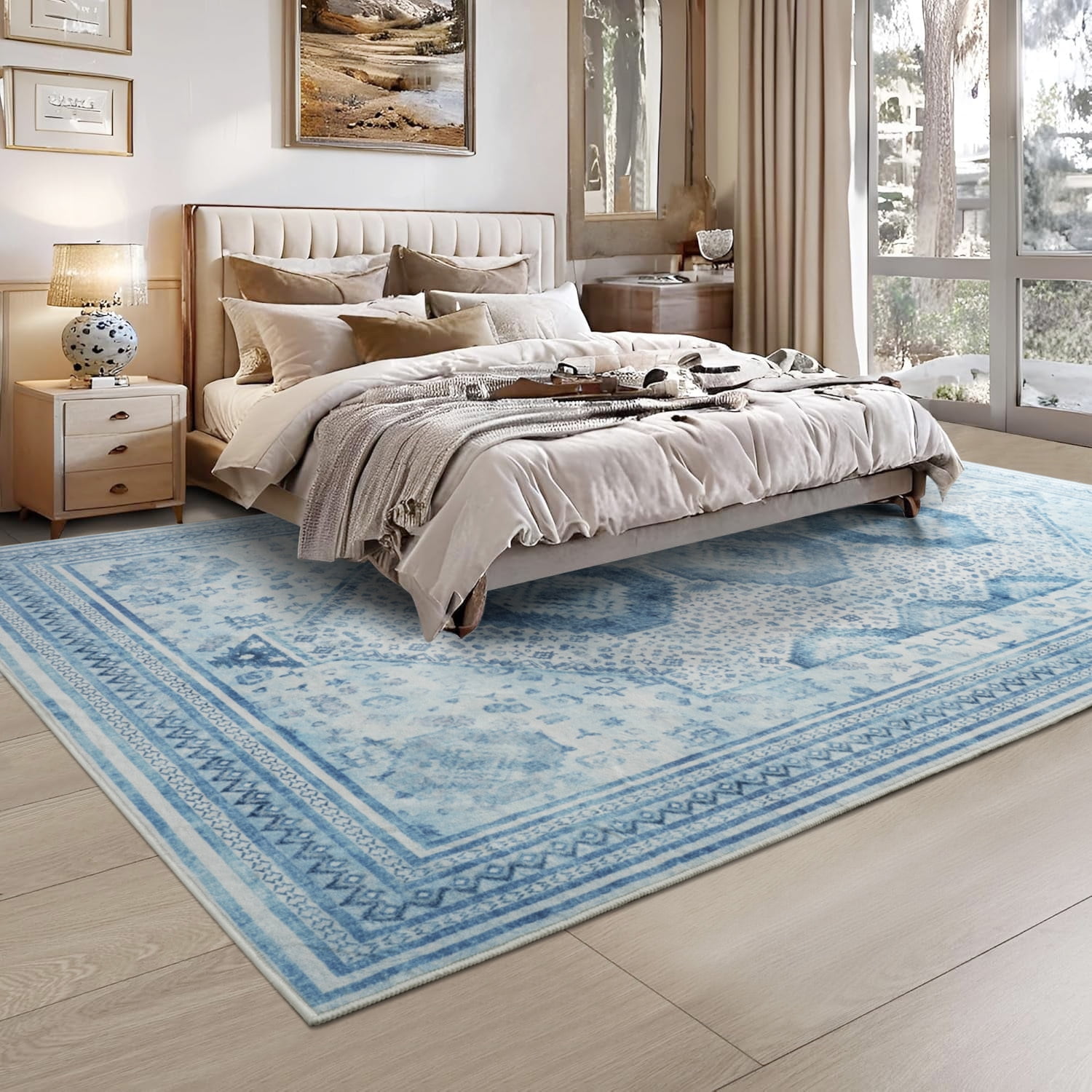 Astorug 4x6 Area Rugs for Living Room, Washable Area Rug, Rugs for Bedroom, Kitchen Rugs, Vintage Boho Carpet, Soft Non-Slip, Low Pile Area Rug for Office Dining Room, Blue
