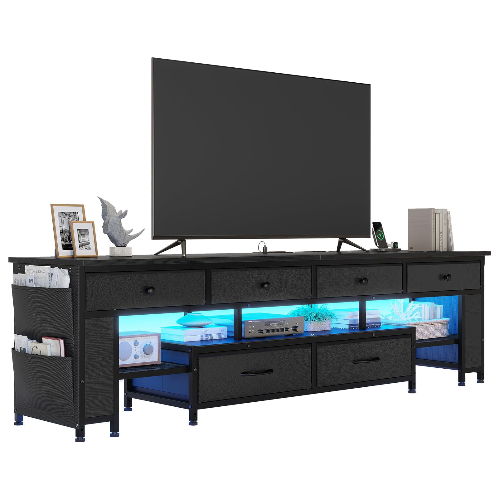 LED TV Stand with 6 Drawers & 4 Side Storage Bags & Shelves,for 65/70/75 Inch TV, 63Inch Console Table,Entertainment Center with Led Light and Power Outlets,Black