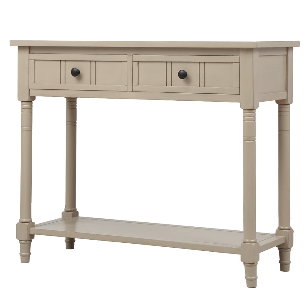 Kepooman Acacia Console Table with Bottom Shelf and 2 Drawers, Traditional Sofa Side Table for Living Room Bedroom, Retro Grey Kepooman Acacia Console Table with Bottom Shelf and 2 Drawers, Traditional Sofa Side Table for Living Room Bedroom, Retro Grey