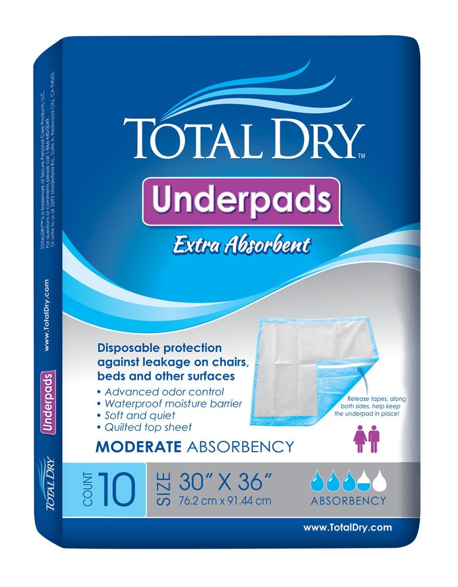 Underpad, TotalDry Quilted, 30" x 36", Adhesive Strips, Heavy Absorbency - Pack of 10