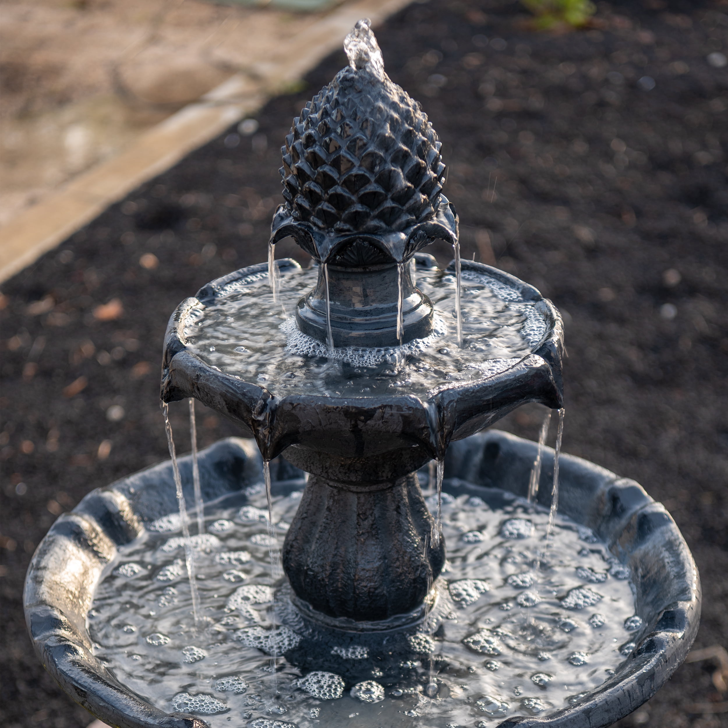 XBrand 44" H Black Fiberglass/Resin 2-Tier Solar Water Fountain w/ Solar Panel and Auto-Shut Off Pump, Solar Garden Fountain, Tall Outdoor Fountain, Two Tiered Birdbath Fountain