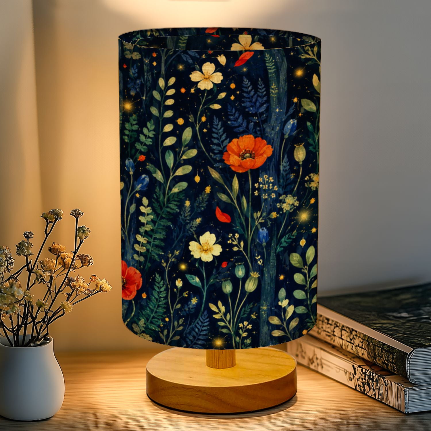 Gothic 16-Color Dimmable Table Lamp Whimsical Forest Blooming Glow Bedside Lamp Nightstand Light for Bedroom Nursery Wood Base Fabric Shade Reading Lamps Gifts for Kids