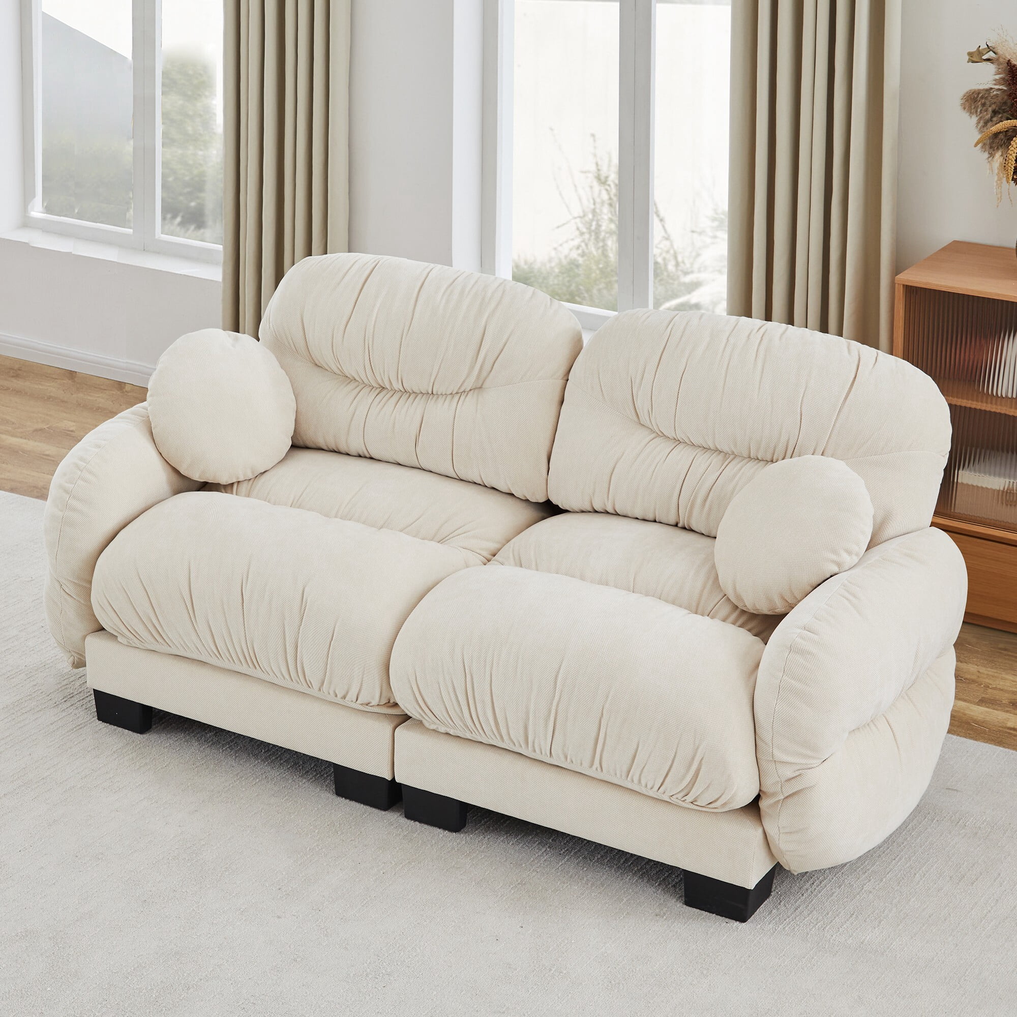 AENKYO 82" Modular Sofa, Cozy Chenille 2-Seater Loveseat w/ Pleated Design, Deep Seat Foam Couch & 2 Pillows, Beige