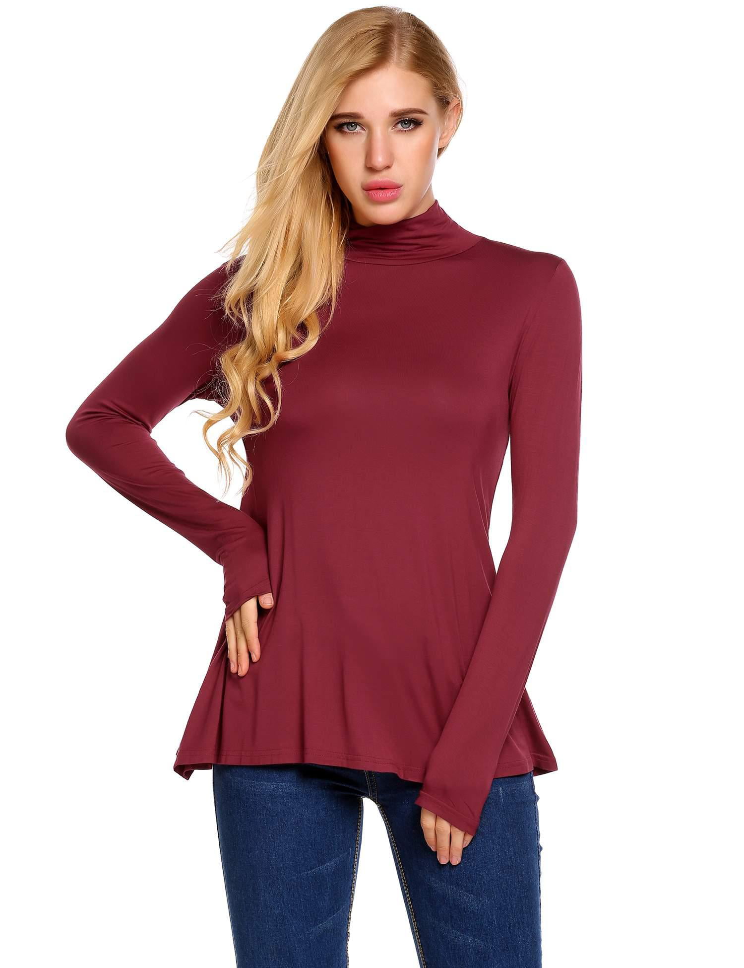 Women Casual Long Sleeve High Neck Solid Loose Fit Pullover Tunic Tops ...