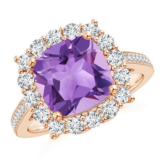 ANGARA Natural Cushion 3.1 ct Amethyst Cocktail Ring with Diamond Halo in 14K Rose Gold for Women (Size-9mm) | February Birthstone, Anniversary, Jewelry Gift for Women | Natural Amethyst Ring