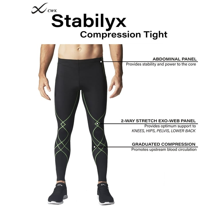 CW-X Men's Stabilyx Joint Support Compression Tights, Black/Green
