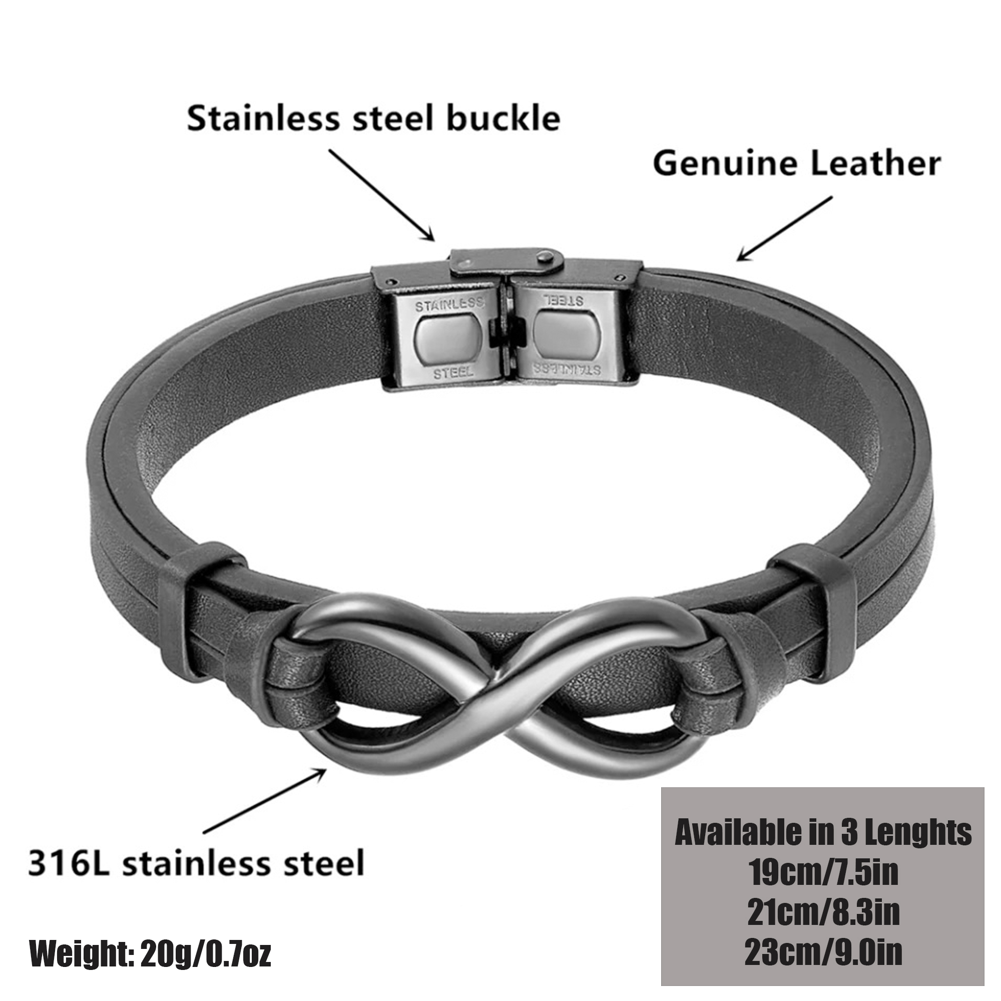 Infinity Leather Bracelet for Men in 3 Lengths, Black, 7.5 in