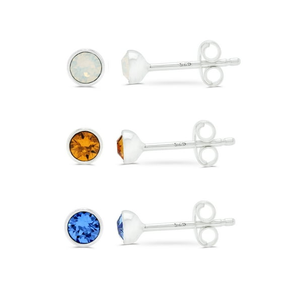 Swarovski Earrings, 3 Pair earring Set Of Stud Earrings With Swarovski Crystals Opal Sapphire Topaz Color