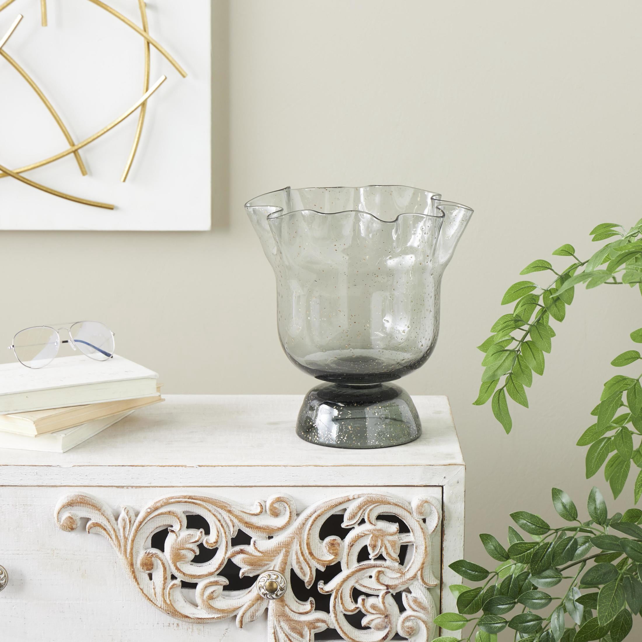 DecMode 11" Floral Tulip Inspired Wide Black Glass Vase with Wavy Opening and Gold Speckles
