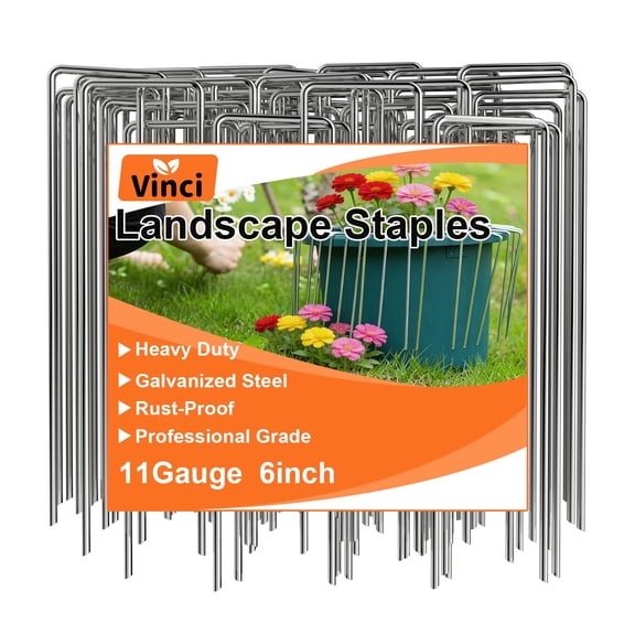 Vinci 6 Inch 50 Pack Landscape Staples – Heavy Duty Galvanized Garden Stakes for Weed Barrier Fabric, Lawn Edging, Artificial Turf & Landscaping Pins for Yard and Garden