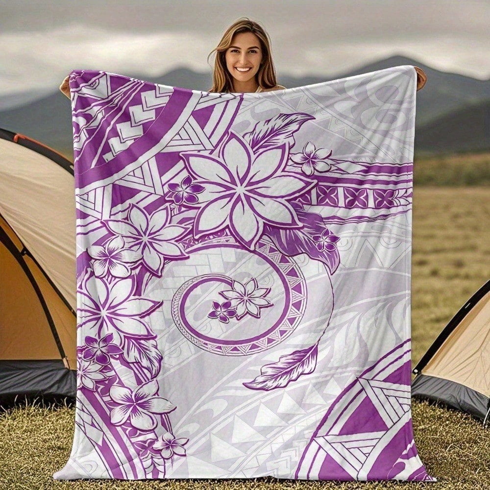 HELLOYOUNG Flannel Throw Blanket Soft Plush Cozy Warm Lightweight All-Season Purple White Geometric Vintage Pattern Machine Washable for Couch Bed Office Camping Travel