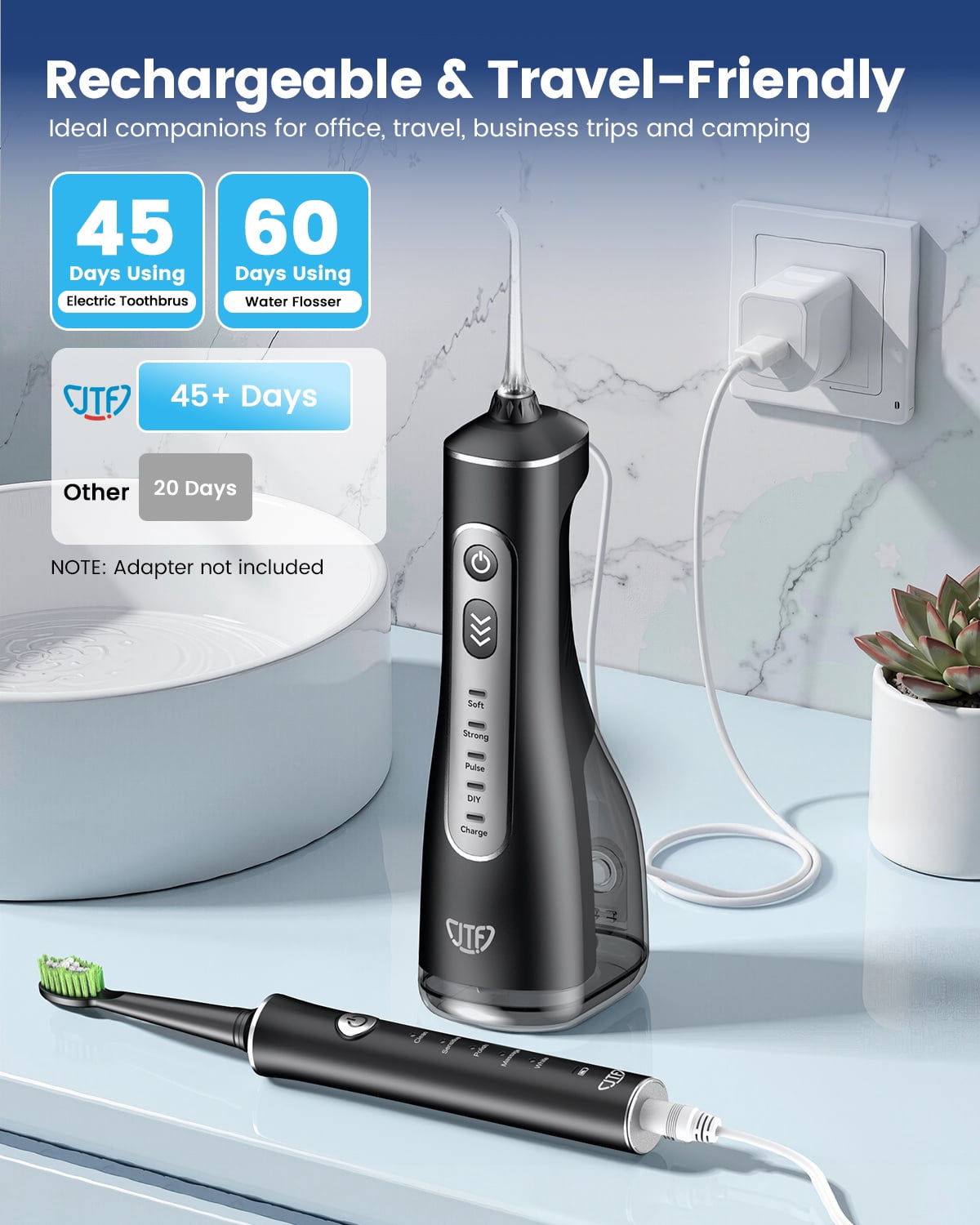 JTF 2-in-1 Oral Clean Kit- Electric Toothbrush & Water flosser Combo with Multiple Modes, 5 Brush Heads and 5 Jet Tips, Brushing & Flossing- Rechargeable for Teeth Cleaning and Gum Health, Black