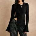 thumbnail image 2 of Women's Sweatshirts, Women Long Bell Sleeve Top Y2K Asymmetrical Neck Split Hem Ribbed Knit Tops Slim Fitted T Shirts Going Out Pullover, 2 of 6