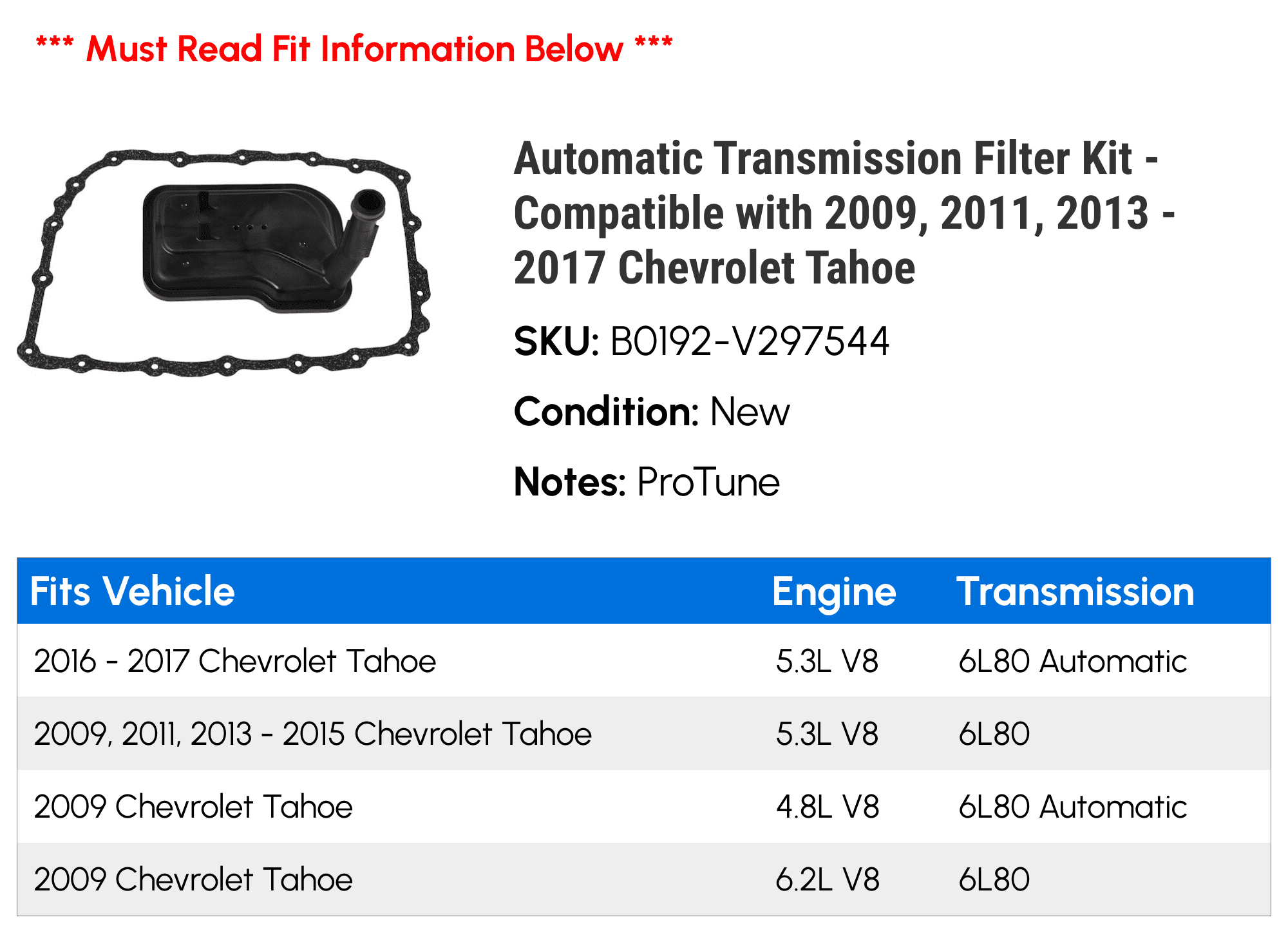 Automatic Transmission Filter Kit - Compatible with 2009, 2011, 2013 - 2017 Chevy Tahoe 2014 2015 2016
