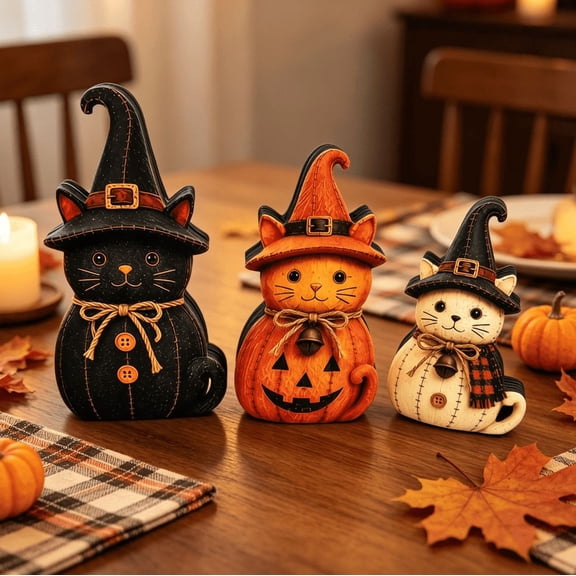Vintage Witch Cat & Dog Decor Set, 3Pcs Halloween Witch Cat & Dog Figurines, Rustic Black Cats Dogs Pumpkin Statues, Farmhouse Fall Decorations for Mantel, Bookshelf and Table