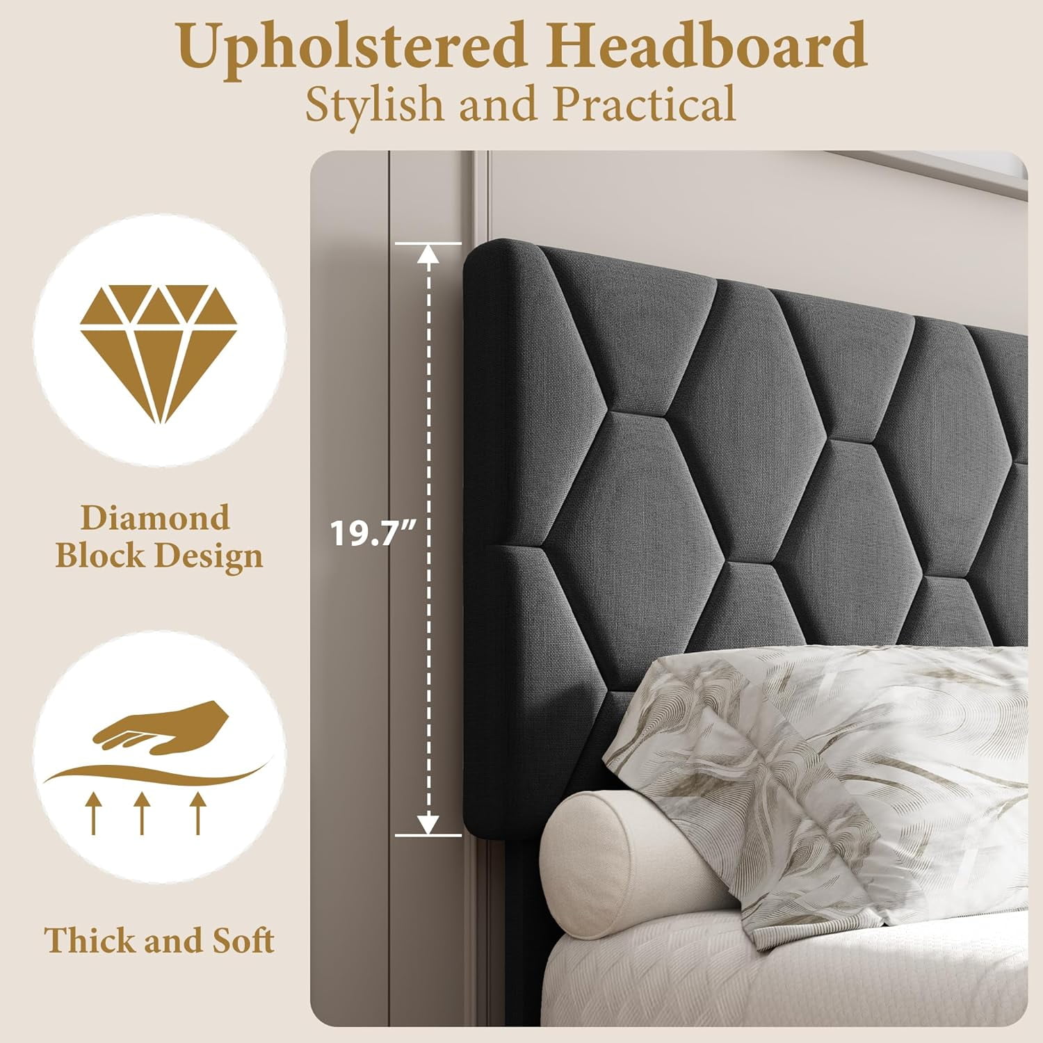 Full Size Upholstered Bed Frame with Headboard, Diamond Pattern, Wood Slats, No Box Spring, Easy Assembly