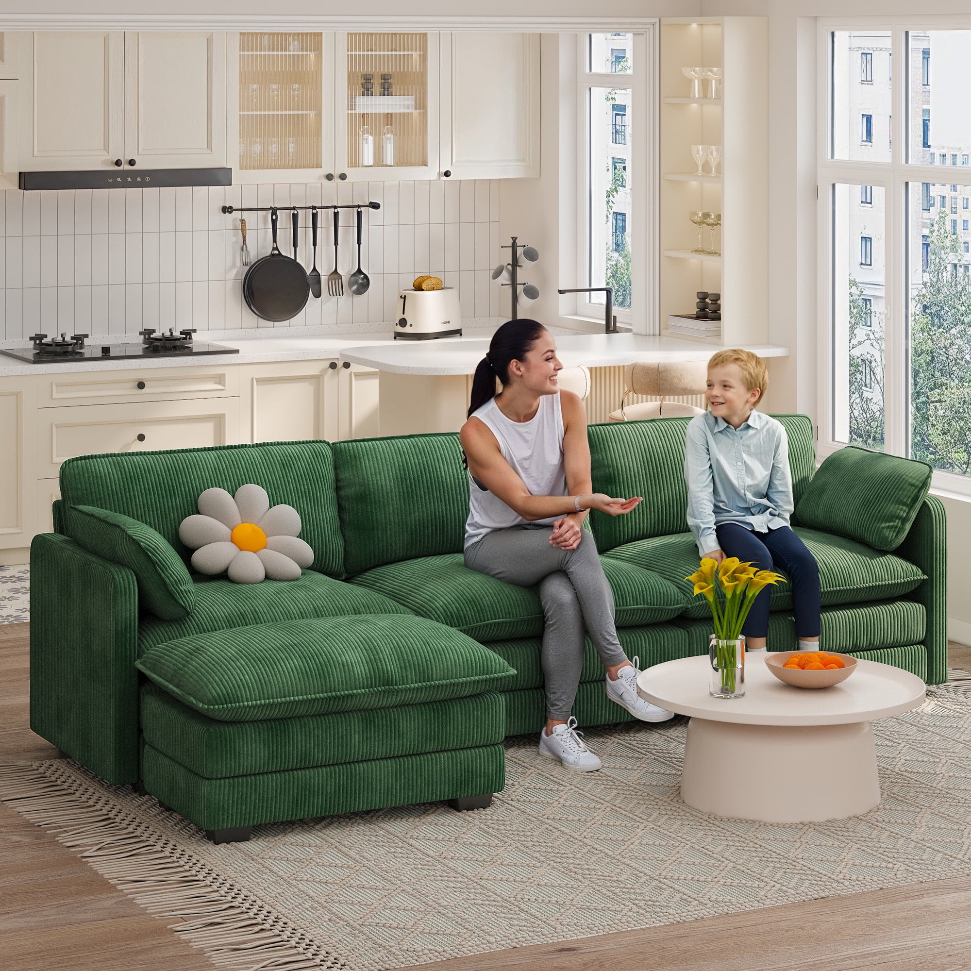 Sofa, Lofka 110“ Modular Couch Bed with Double Layer Cushions and Movable Ottoman, Modern Comfy Cloud Sofa for Living Room, DIY Combination, Green