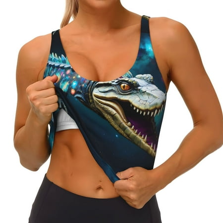 Qokaie Starry Sky Colorful Crocodile Pattern Womens Scoop Neck Sports Bra Breathable Workout Vest Padded U Back Medium Impact Fitness Gym Yoga Bra Workout Crop Top