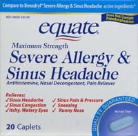 Equate: Maximum Strength Antihistamine, Nasal Decongestant, Pain Reliever Severe Allergy & Sinus Headache, 20 ct