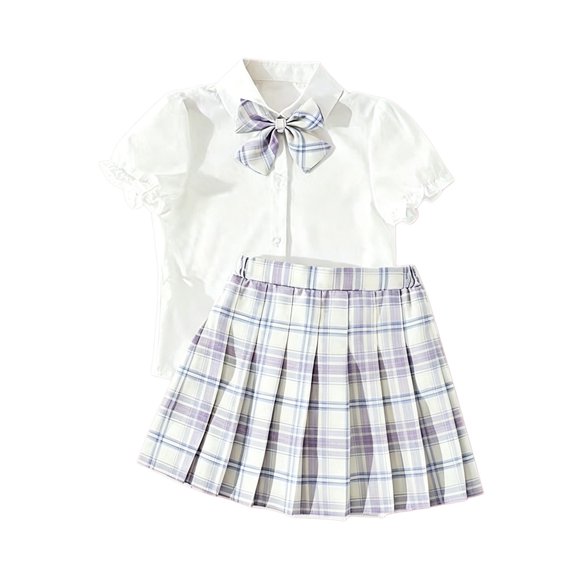 Coerni Girls Preppy Outfit 3PC Set Puff Sleeve Collared Shirt with Bowtie & Plaid Pleated Skirt School Uniform Clothes for 3-14Y Kids