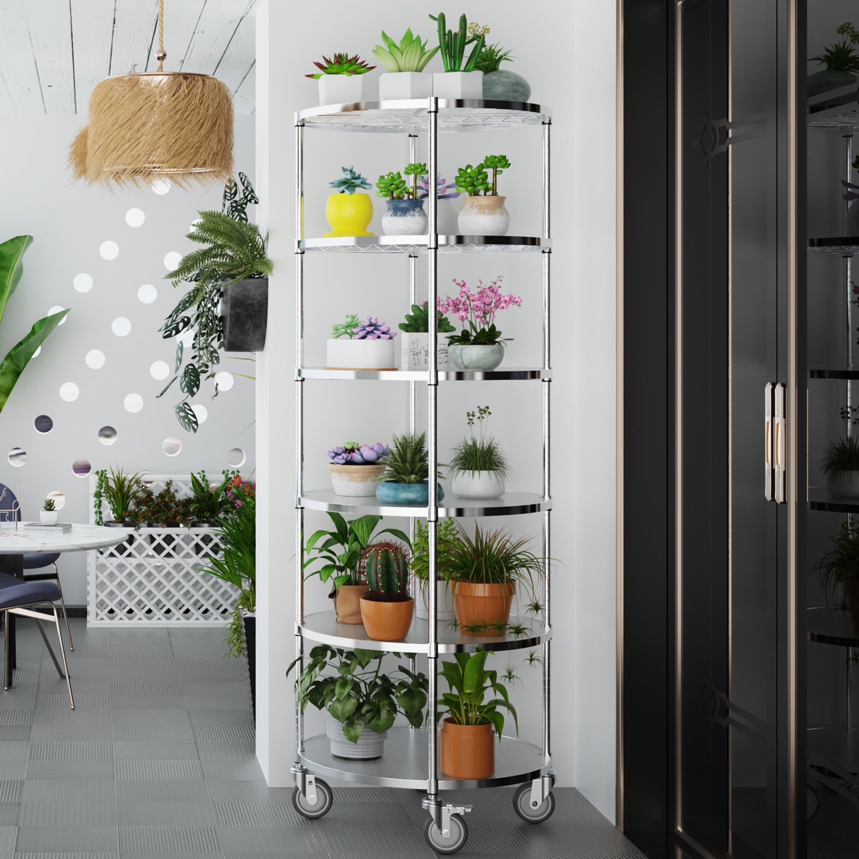 Miniyam 6-Tier Round Wire Shelving Unit with Wheels, Heavy-Duty Adjustable Storage Rack with Leveling feet, Chrome