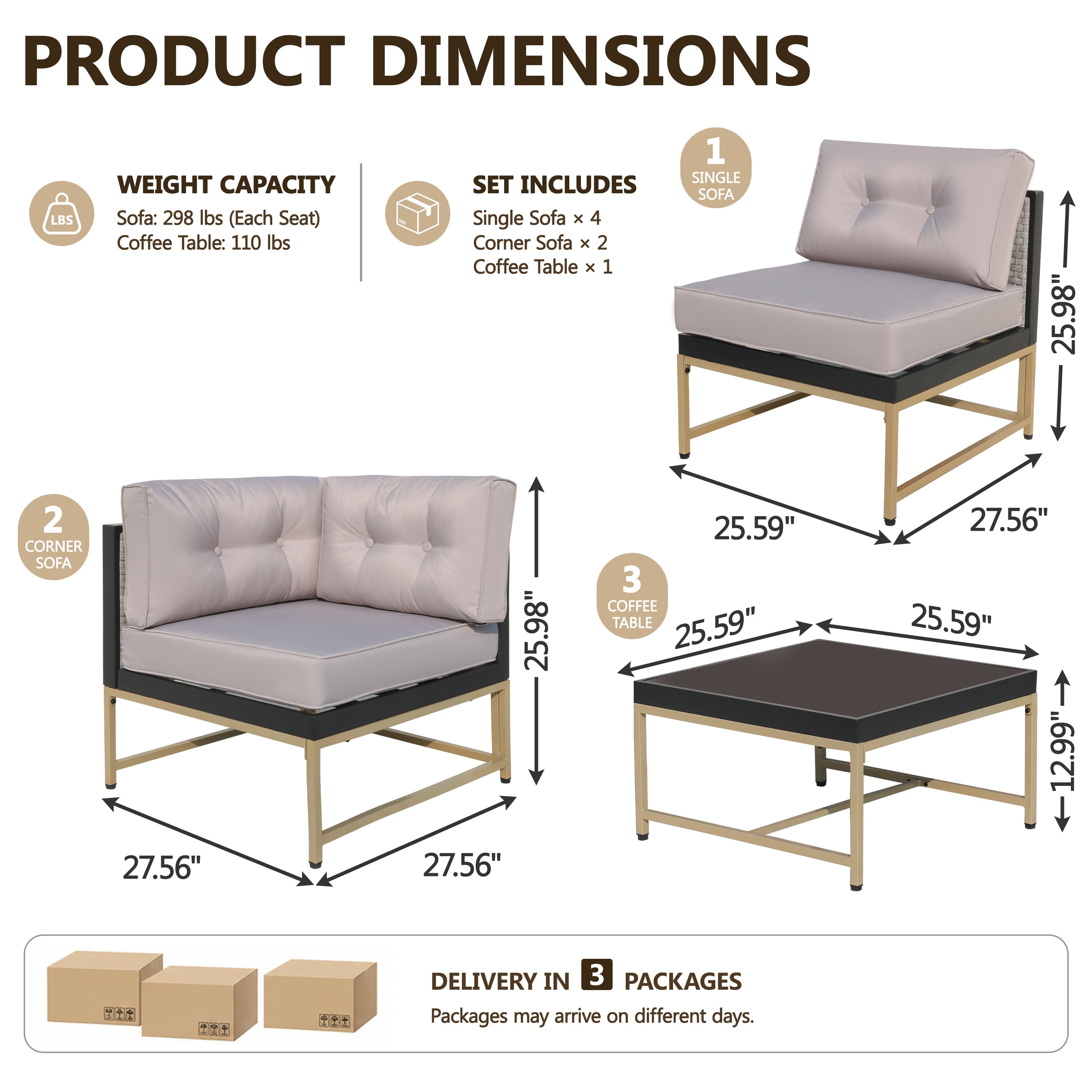 Patio Outdoor Furniture Sets, 7 Pieces All-Weather Rattan Sectional Sofa with Tea Table and Cushions, PE Rattan Wicker Sofa Couch Conversation Set for Garden Backyard Poolside