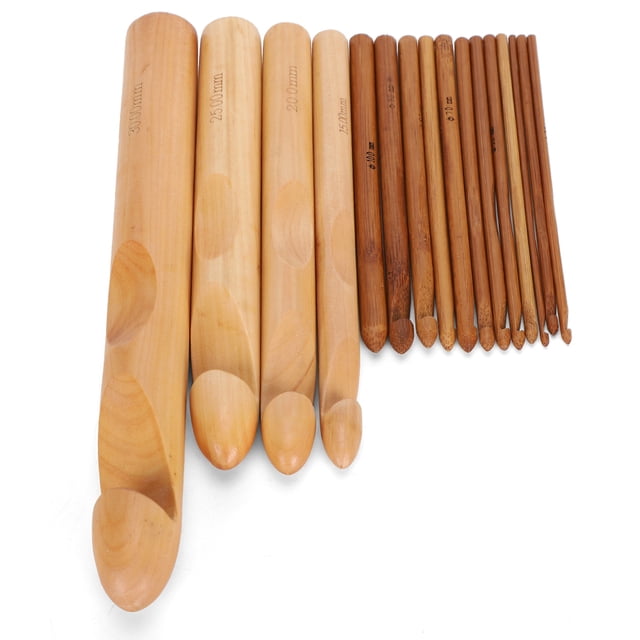 16Pcs Weaving Tool Crochet Hook Set, Wood Knitting Hook, Blankets Rugs