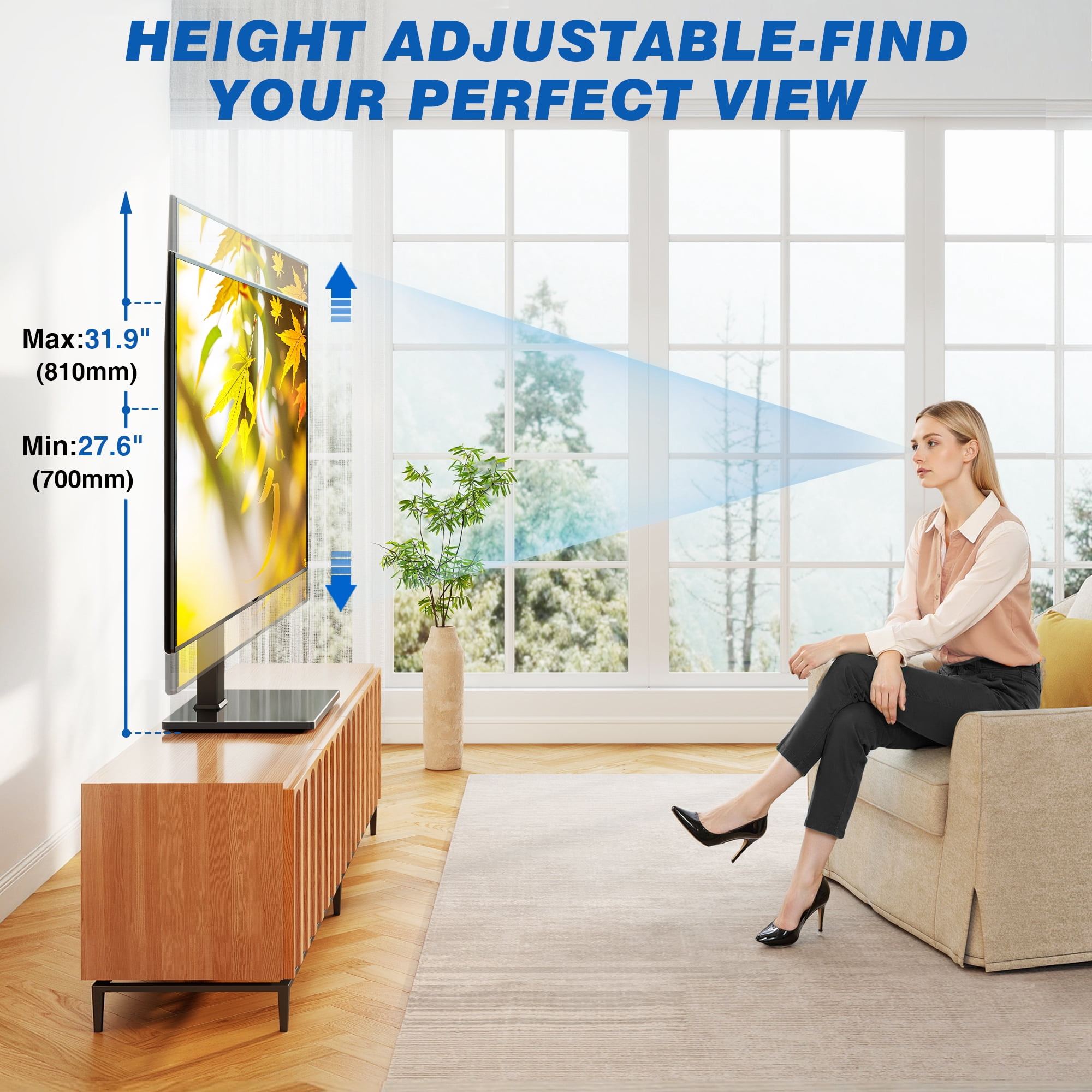 RTVR Universal Table Top TV Stand for 32 to 75 inch Flat Screen TVs, Swivel Height Adjustable Table Mount Base, Black